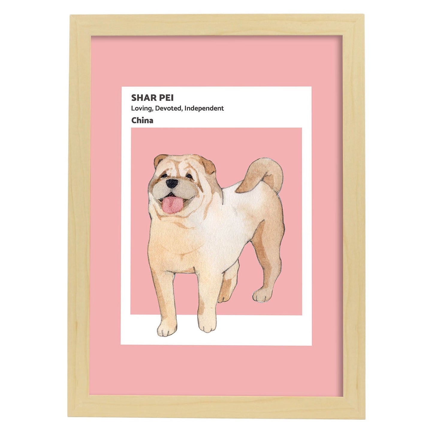 Lámina Shar-Pei. Pósters con ilustraciones de razas de perro en tonos cálidos y pastel.-Artwork-Nacnic-A3-Marco Madera clara-Nacnic Estudio SL