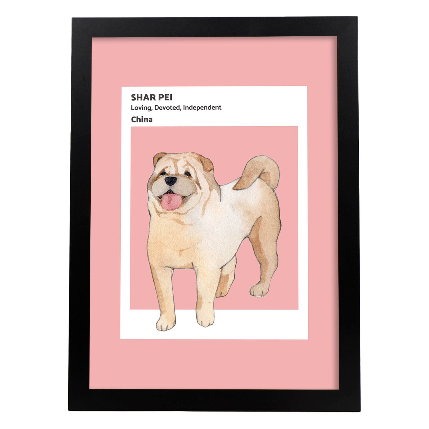 Lámina Shar-Pei. Pósters con ilustraciones de razas de perro en tonos cálidos y pastel.-Artwork-Nacnic-A3-Marco Negro-Nacnic Estudio SL