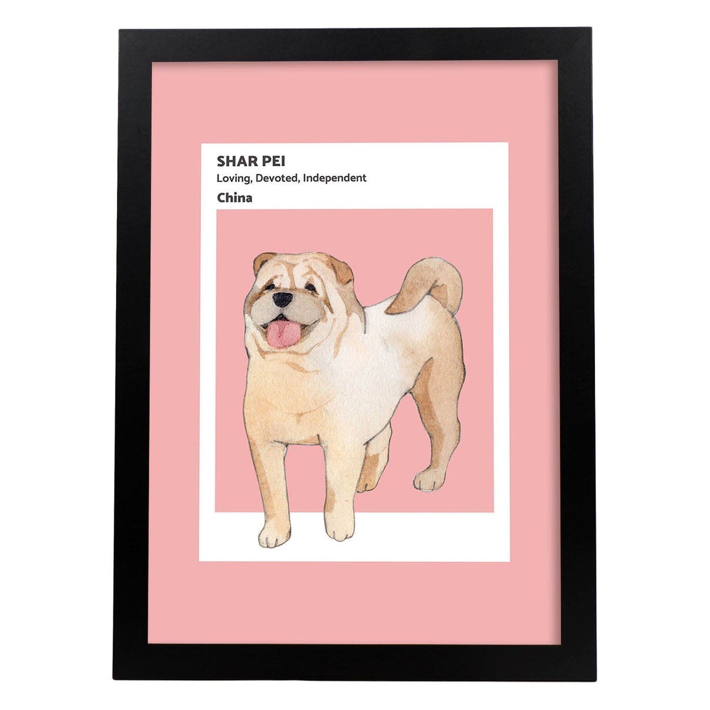 Lámina Shar-Pei. Pósters con ilustraciones de razas de perro en tonos cálidos y pastel.-Artwork-Nacnic-A4-Marco Negro-Nacnic Estudio SL