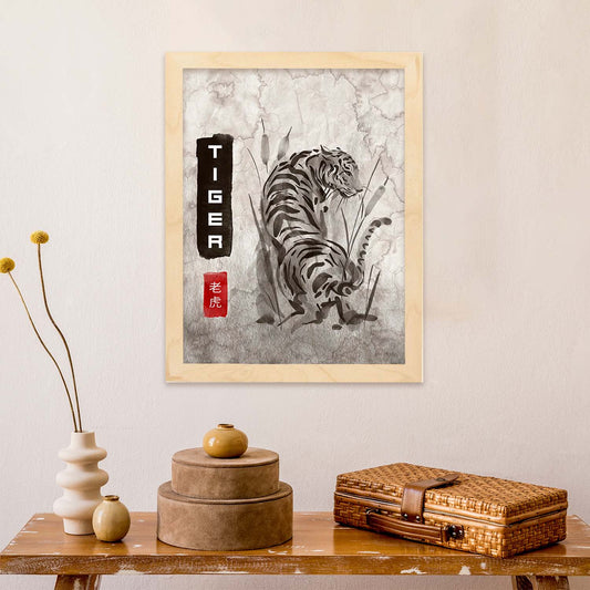 Lámina Tigre. Pósters en estilo Sumi-E. Imágenes vintage de animales en tonos grises.-Artwork-Nacnic-Nacnic Estudio SL
