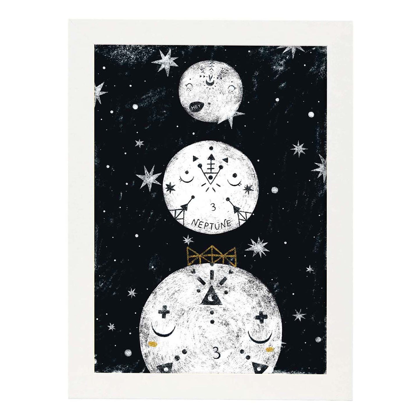 Lámina Tres planetas Estilo nordico blanco y negro. Composiciones planetarias infantiles-Artwork-Nacnic-A4-Marco Blanco-Nacnic Estudio SL