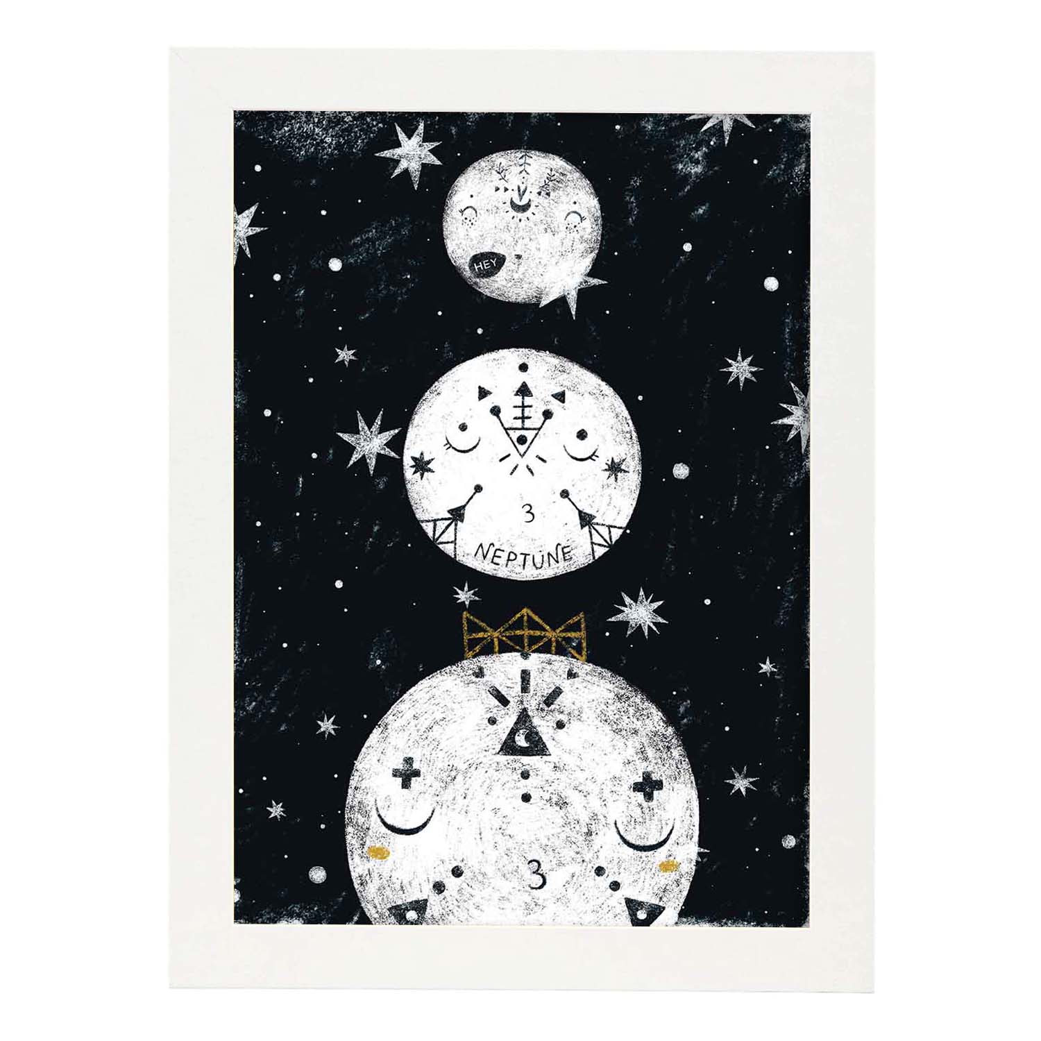 Lámina Tres planetas Estilo nordico blanco y negro. Composiciones planetarias infantiles-Artwork-Nacnic-A4-Marco Blanco-Nacnic Estudio SL