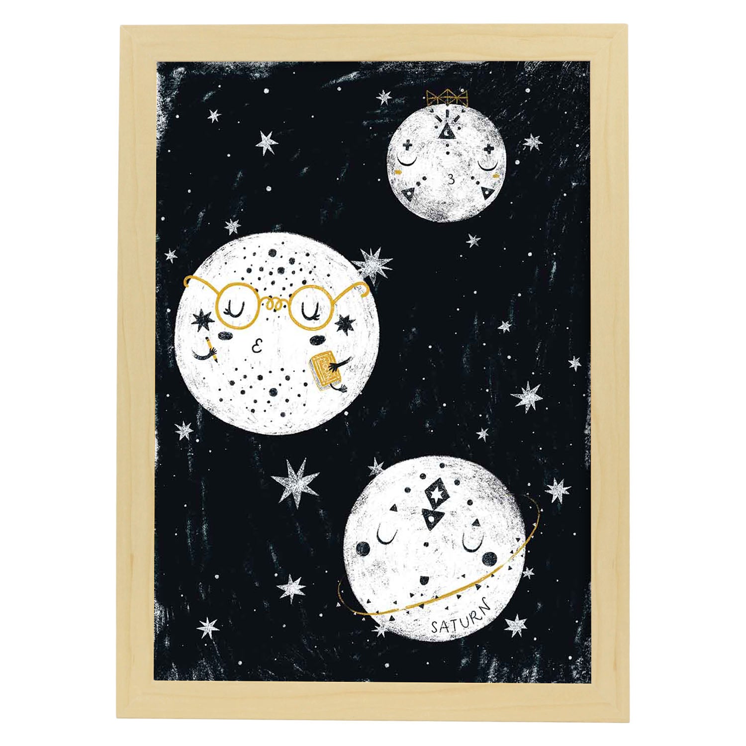 Lámina Tres planetas rotando Estilo nordico blanco y negro. Composiciones planetarias infantiles-Artwork-Nacnic-A3-Marco Madera clara-Nacnic Estudio SL
