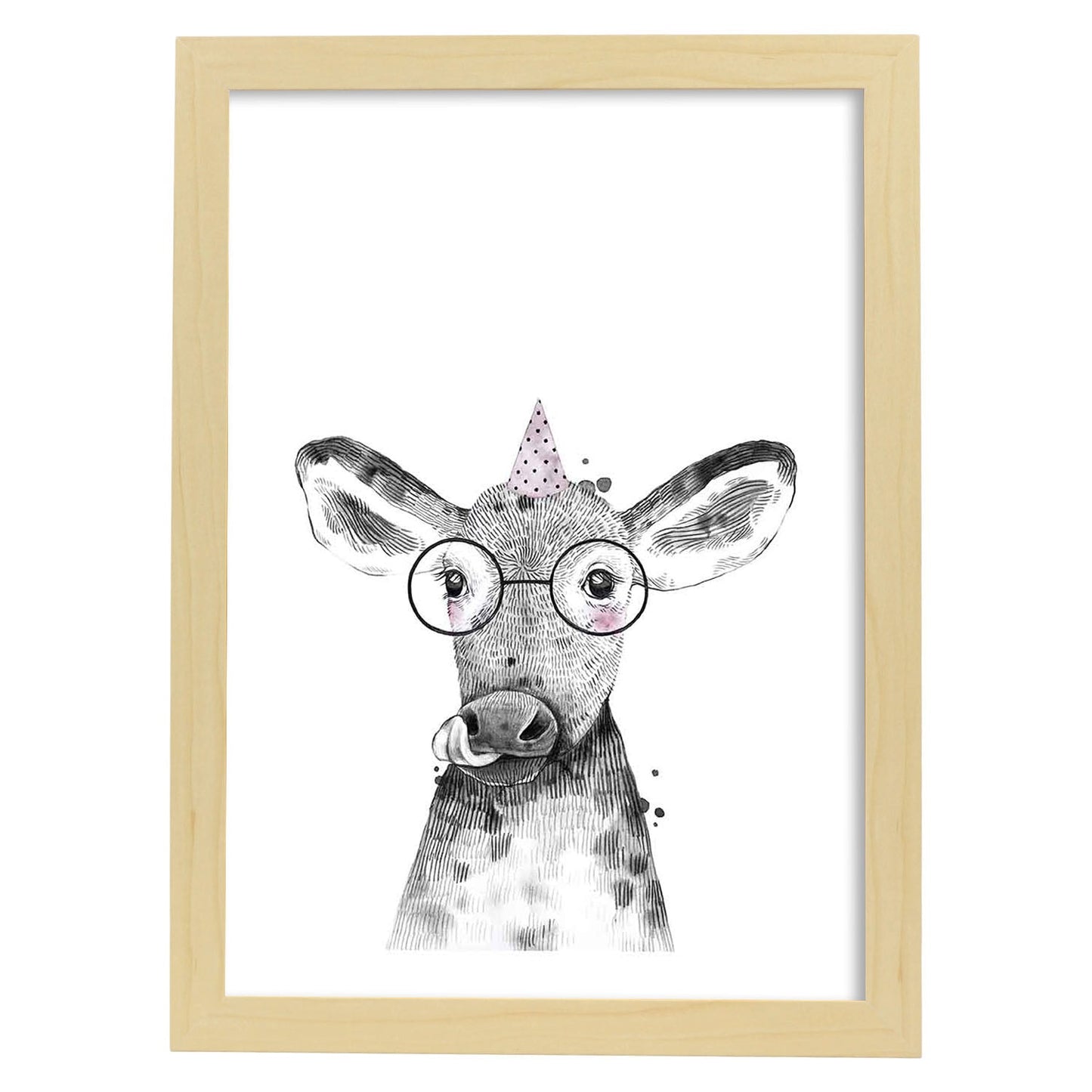 Lámina Vaca infantil con gafas poster animales infantiles-Artwork-Nacnic-A4-Marco Madera clara-Nacnic Estudio SL