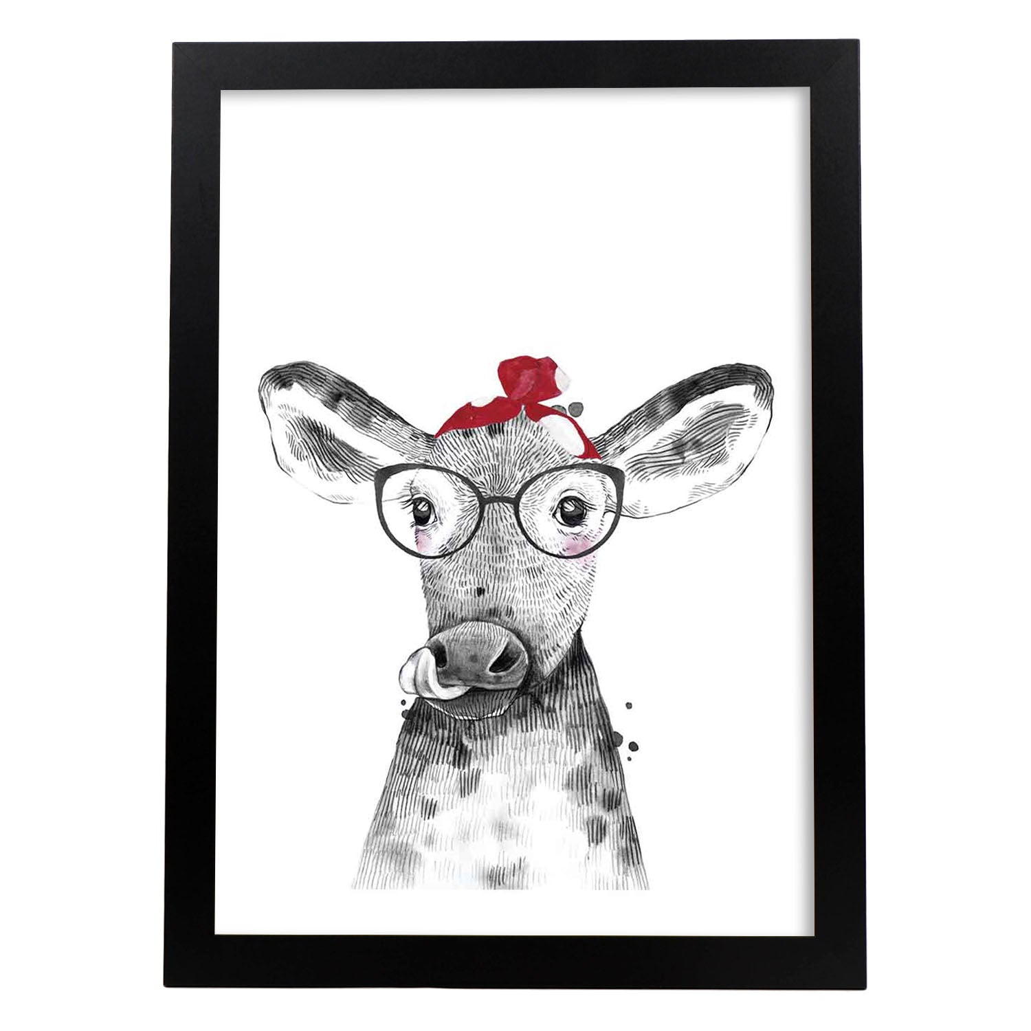 Lámina Vaca infantil con pañuelo poster animales infantiles-Artwork-Nacnic-A4-Marco Negro-Nacnic Estudio SL