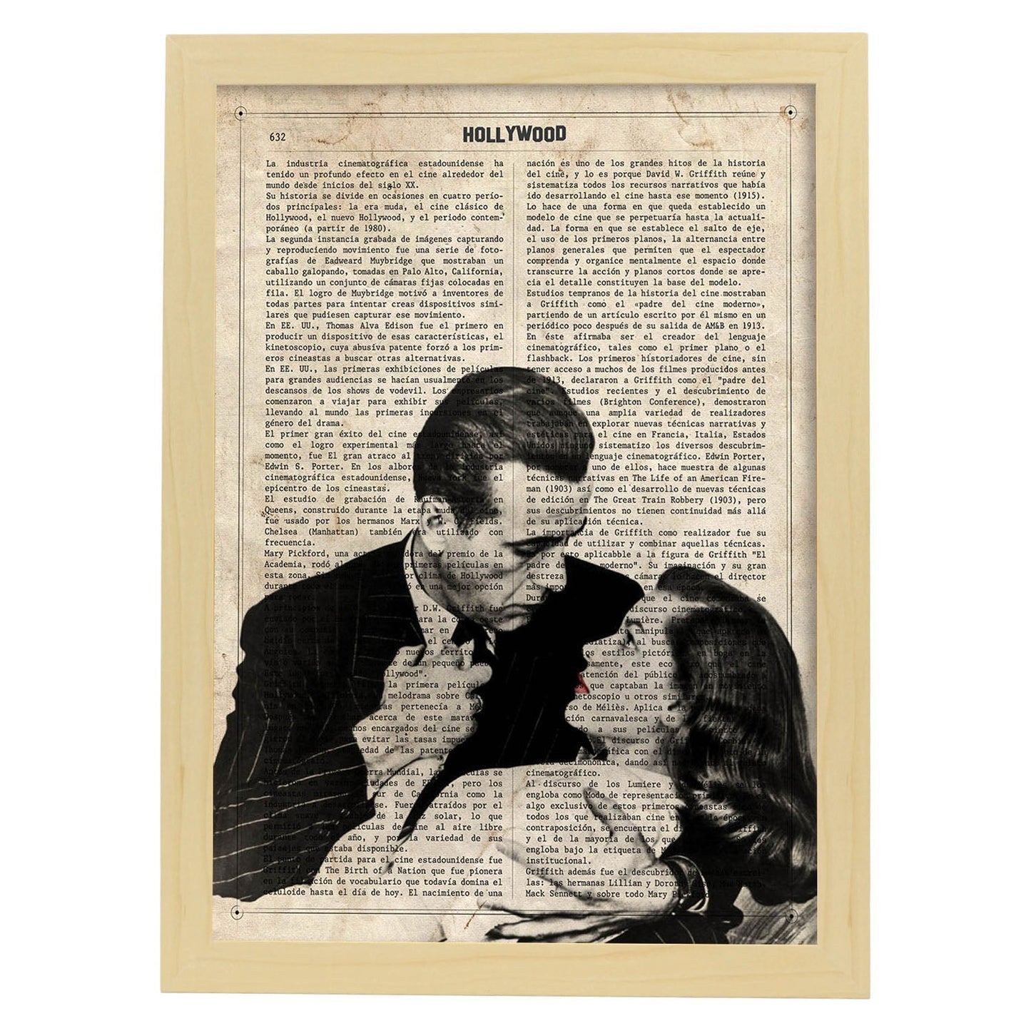 Lámina Vintage pelicula El sueño Eterno (Beso) Sobre definicion de Hollywood-Artwork-Nacnic-A4-Marco Madera clara-Nacnic Estudio SL