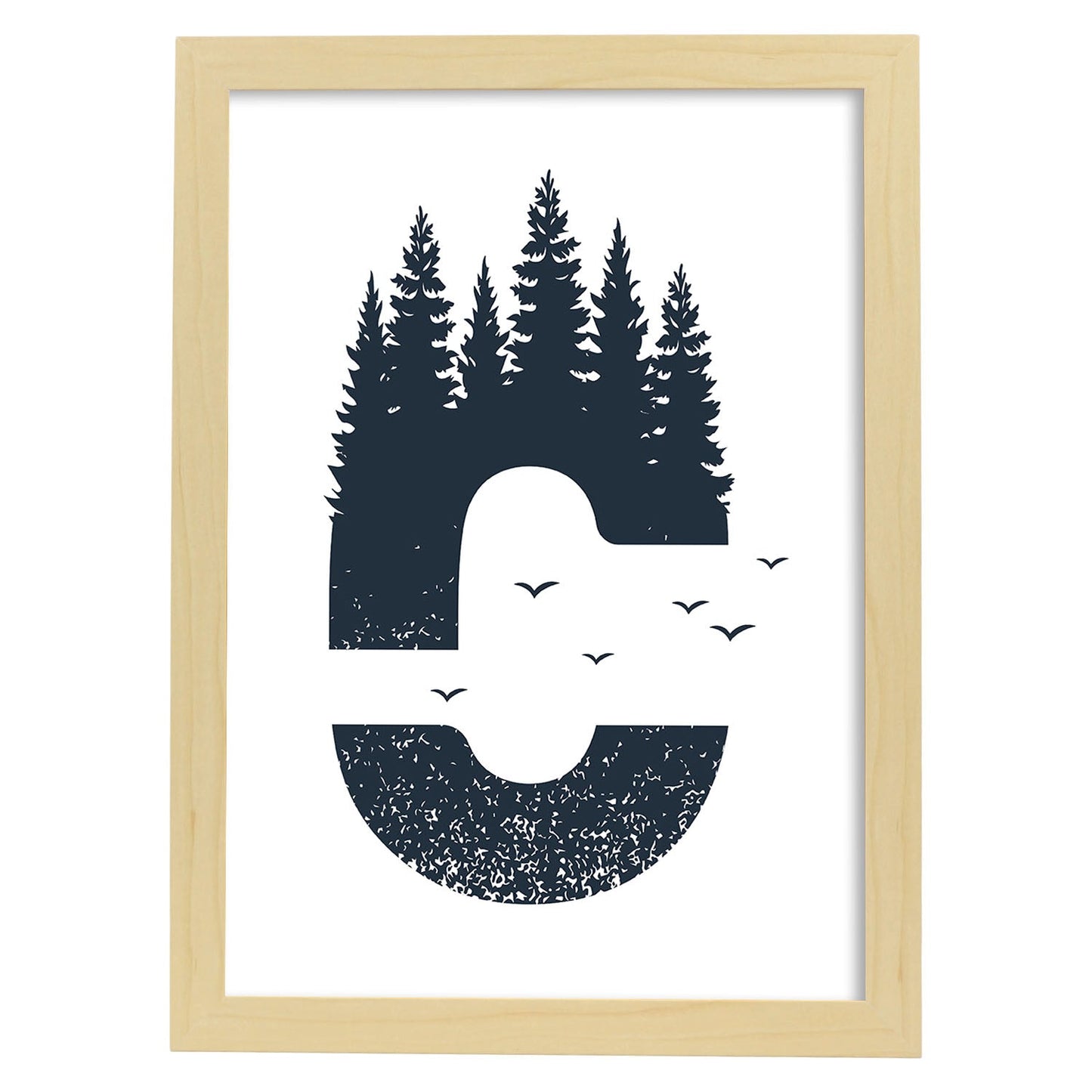 Letra C con bosque y pajaros. Naturaleza.Posters de letras con diseño.-Artwork-Nacnic-A3-Marco Madera clara-Nacnic Estudio SL