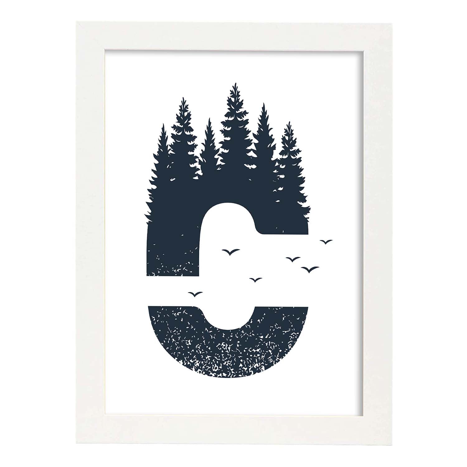 Letra C con bosque y pajaros. Naturaleza.Posters de letras con diseño.-Artwork-Nacnic-A4-Marco Blanco-Nacnic Estudio SL