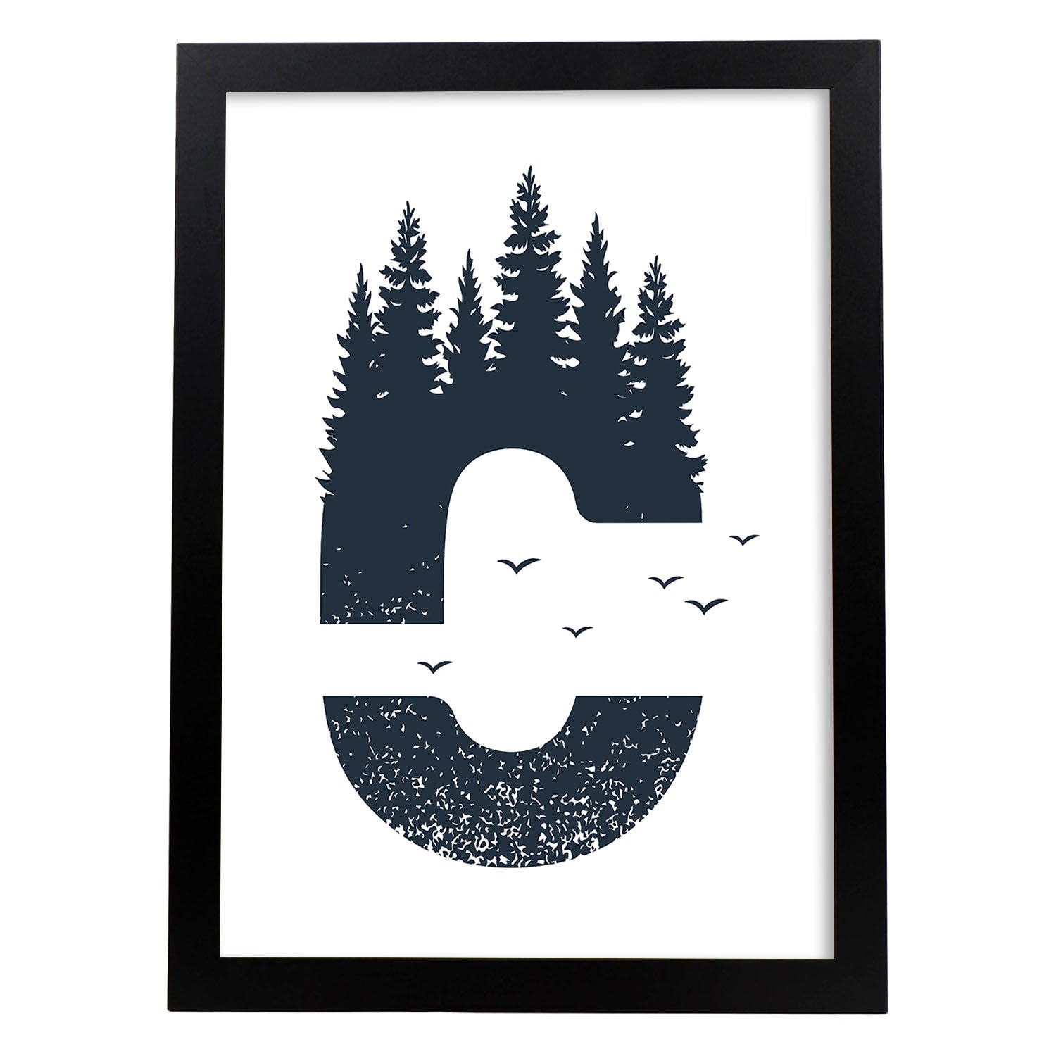 Letra C con bosque y pajaros. Naturaleza.Posters de letras con diseño.-Artwork-Nacnic-A4-Marco Negro-Nacnic Estudio SL