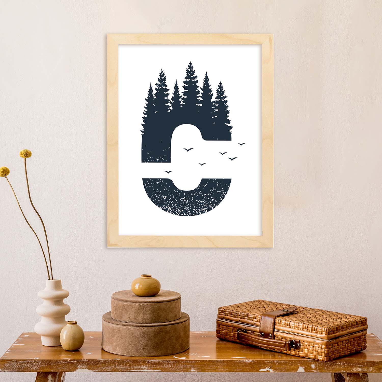 Letra C con bosque y pajaros. Naturaleza.Posters de letras con diseño.-Artwork-Nacnic-Nacnic Estudio SL