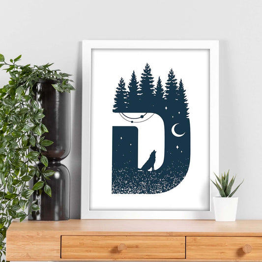 Letra D con bosque, lobo y luna. Naturaleza.Posters de letras con diseño.-Artwork-Nacnic-Nacnic Estudio SL