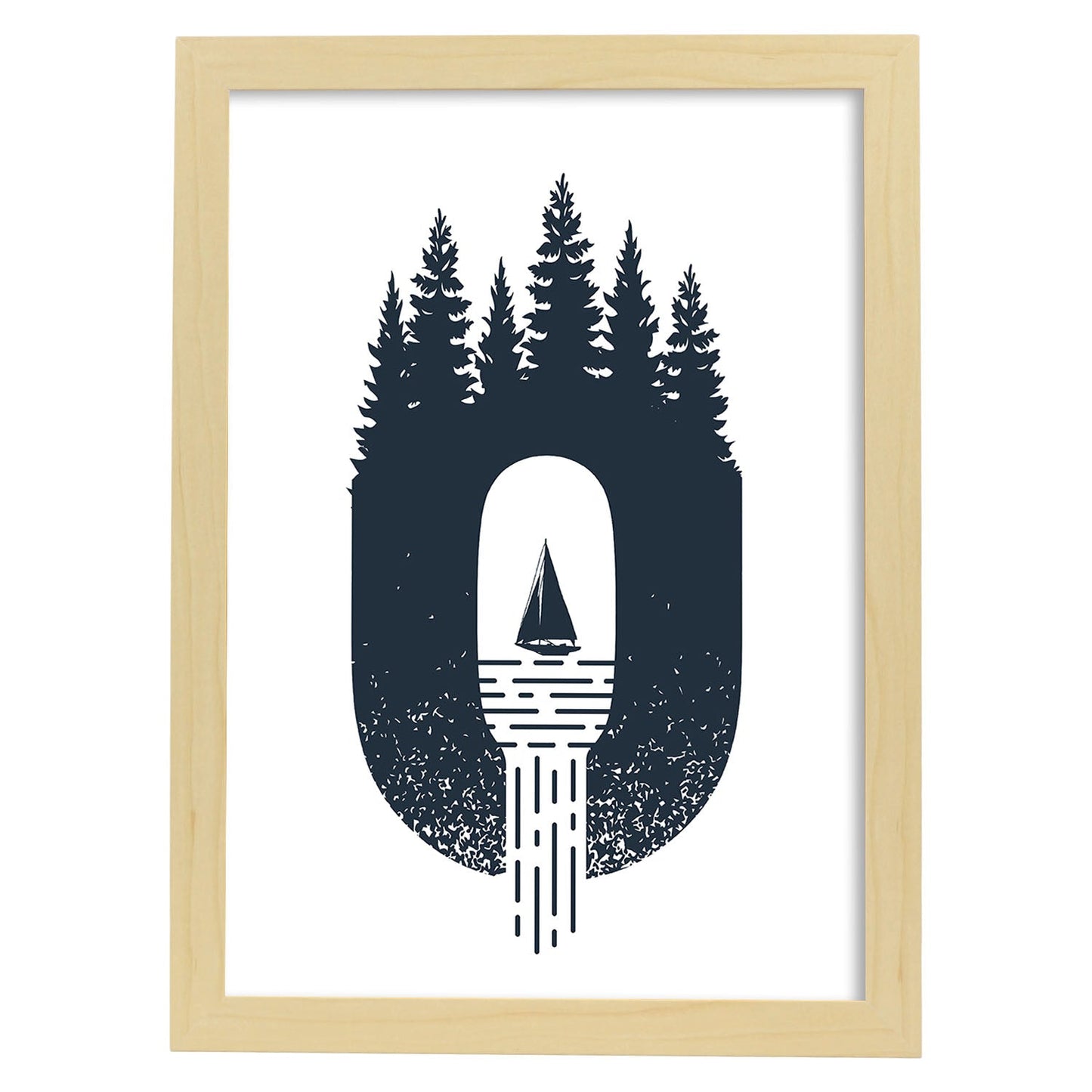 Letra O con bosque velero y montañas. Naturaleza.Posters de letras con diseño.-Artwork-Nacnic-A4-Marco Madera clara-Nacnic Estudio SL