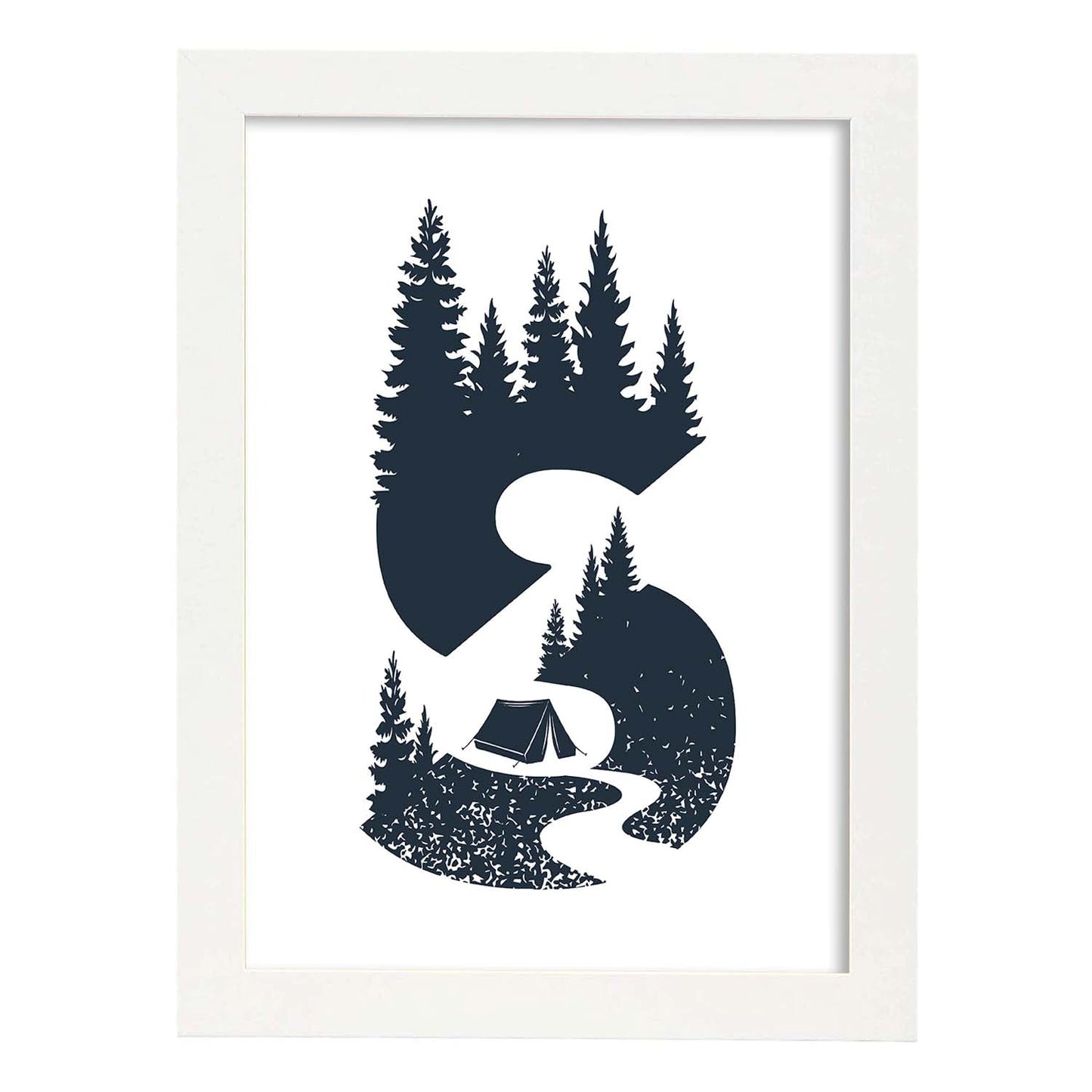 Letra S con bosque, sendero y tienda de campaña. Naturaleza.Posters de letras con diseño.-Artwork-Nacnic-A3-Marco Blanco-Nacnic Estudio SL