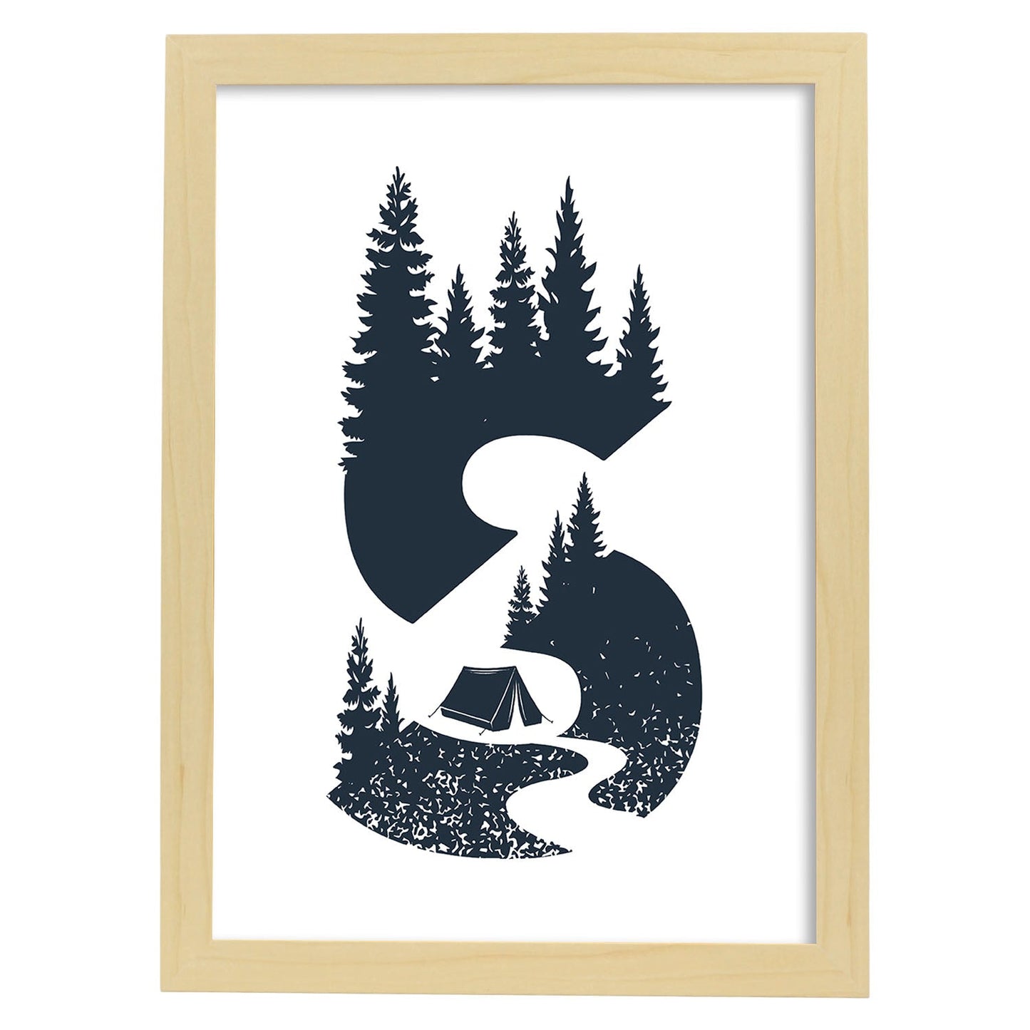 Letra S con bosque, sendero y tienda de campaña. Naturaleza.Posters de letras con diseño.-Artwork-Nacnic-A3-Marco Madera clara-Nacnic Estudio SL
