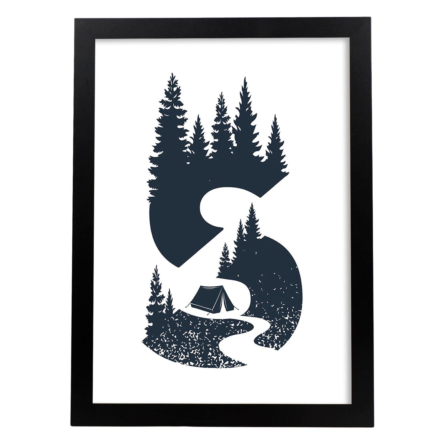 Letra S con bosque, sendero y tienda de campaña. Naturaleza.Posters de letras con diseño.-Artwork-Nacnic-A3-Marco Negro-Nacnic Estudio SL