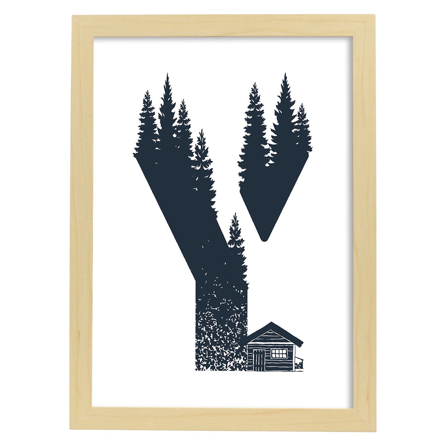 Letra Y con bosque y cabaña. Naturaleza.Posters de letras con diseño.-Artwork-Nacnic-A3-Marco Madera clara-Nacnic Estudio SL