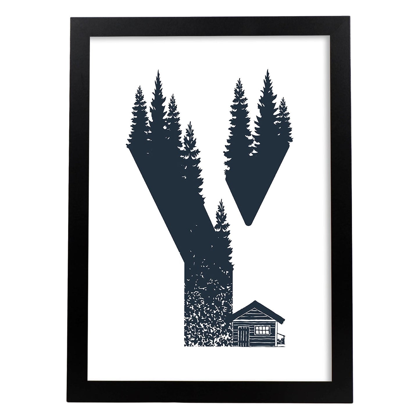 Letra Y con bosque y cabaña. Naturaleza.Posters de letras con diseño.-Artwork-Nacnic-A3-Marco Negro-Nacnic Estudio SL