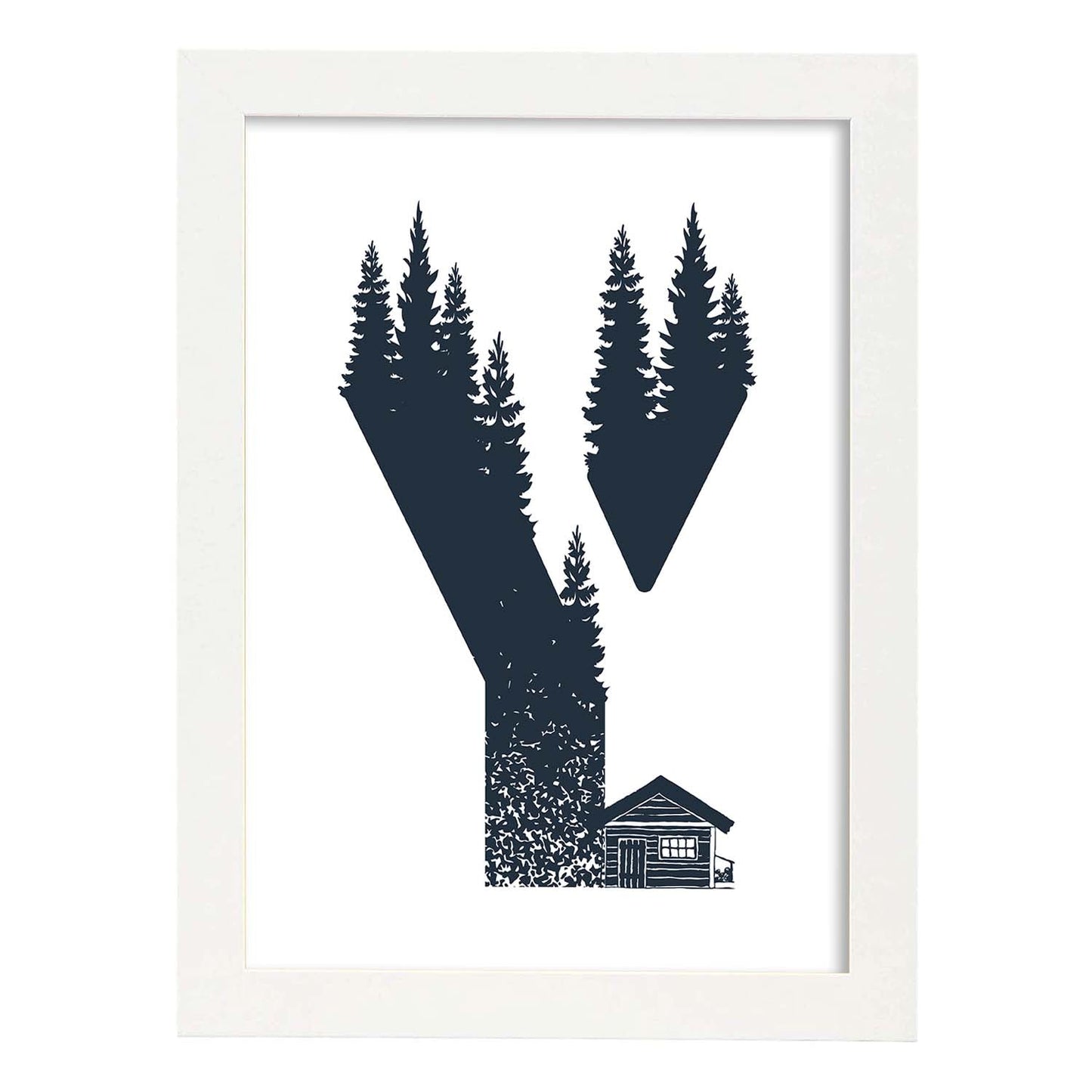 Letra Y con bosque y cabaña. Naturaleza.Posters de letras con diseño.-Artwork-Nacnic-A4-Marco Blanco-Nacnic Estudio SL