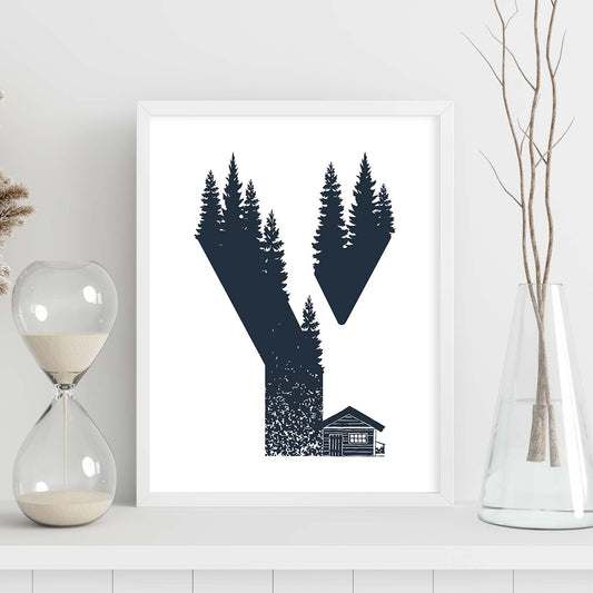 Letra Y con bosque y cabaña. Naturaleza.Posters de letras con diseño.-Artwork-Nacnic-Nacnic Estudio SL