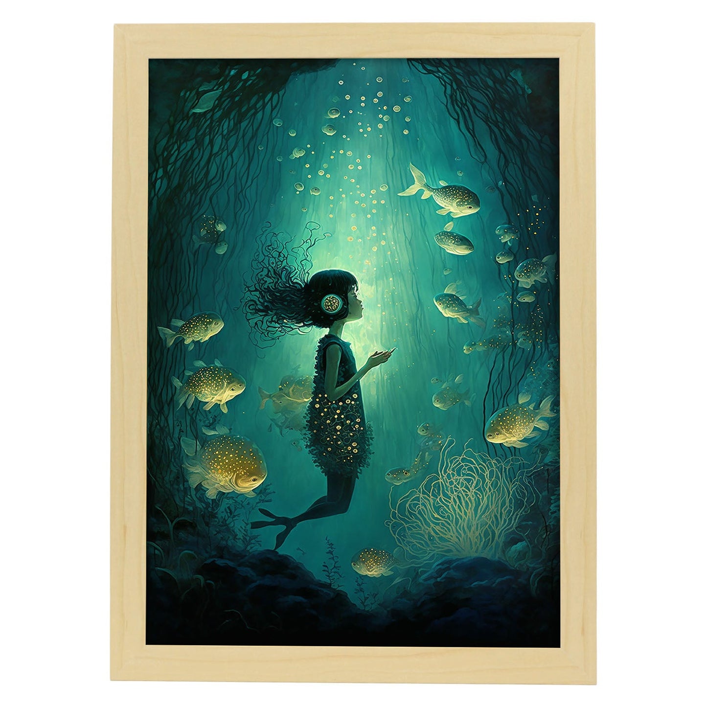 LIF nacnic submarino supranaturalista cinematográfico. Estampados de arte de pared estético para el diseño de dormitorio o sala de estar.-Artwork-Nacnic-A4-Marco Madera clara-Nacnic Estudio SL
