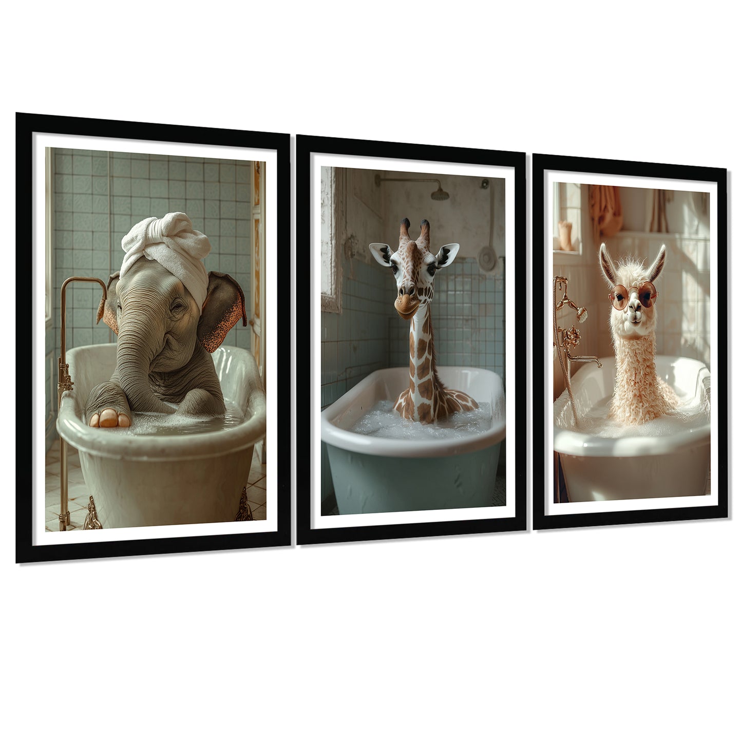 Set de 3 Cuadros Divertidos Animales en la Bañera, Simpático Elefante, Jirafa, Llama Póster con ilustración impresa en estilo fotográfico para decorar las paredes del Inodoro, Ducha, Cuarto de baño, WC