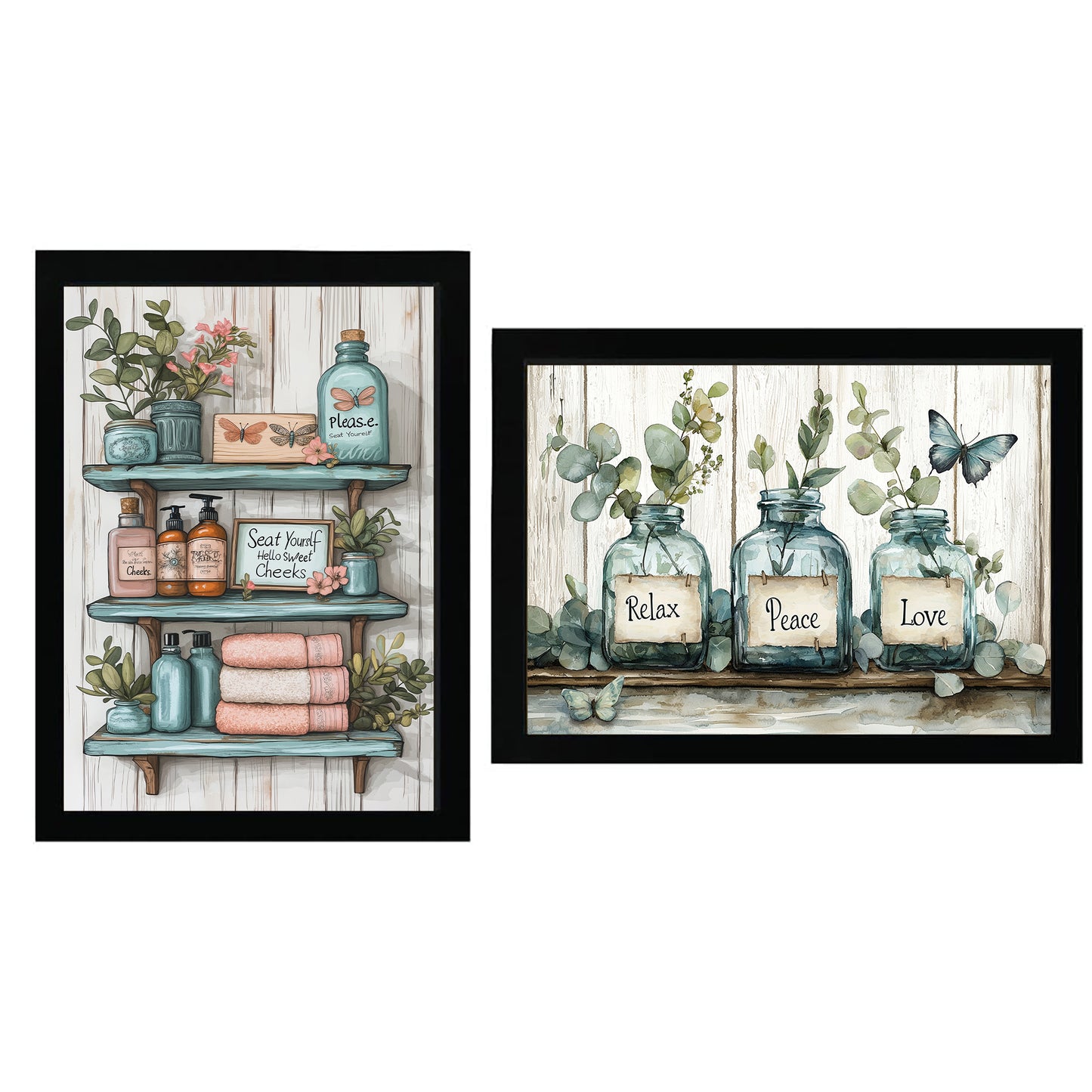 Set de 2 Cuadros de Inodoro con Encanto Impresión Ilustración de Vibraciones Positivas en Estilo Acuarela para Decorar las Paredes del Baño, Ducha, Lavabo, WC