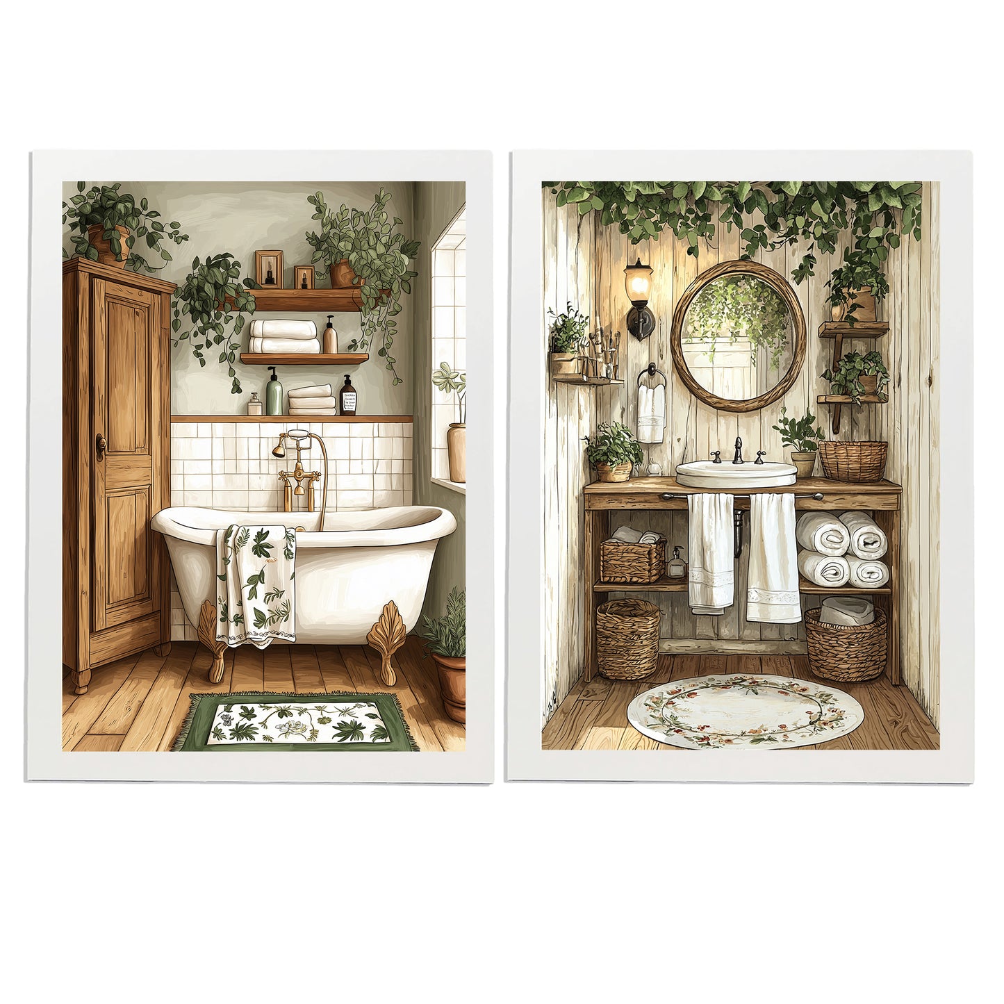 Set de 2 Cuadros de Baño Rústicos con Ilustración Impresa en Estilo Pintura al Óleo Vintage para Decorar, Arte de Pared para Inodoro, Ducha, Baño, WC de Casa de Granja