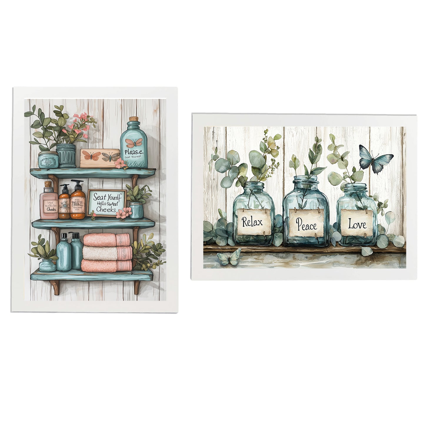 Set de 2 Cuadros de Inodoro con Encanto Impresión Ilustración de Vibraciones Positivas en Estilo Acuarela para Decorar las Paredes del Baño, Ducha, Lavabo, WC