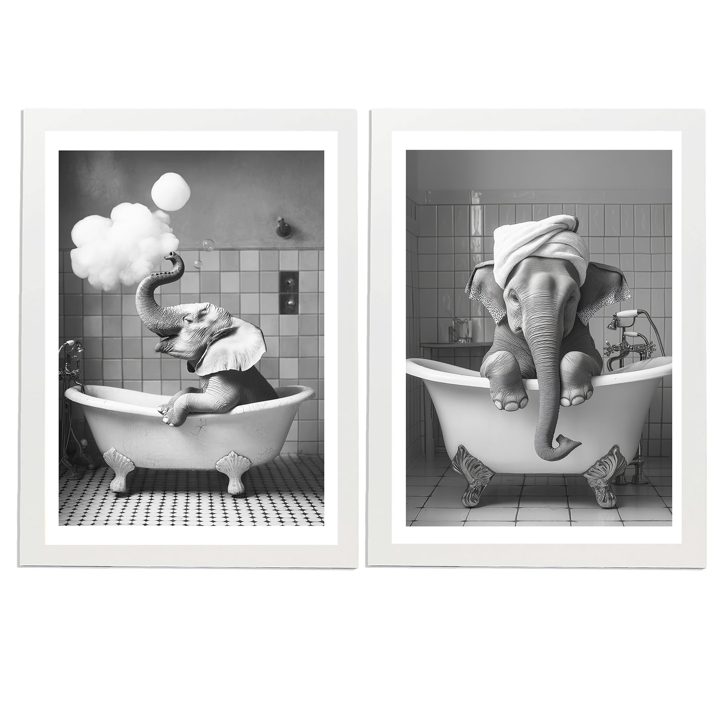 Set de 2 Cuadros Elefante en la Bañera con Simpáticos Animales en Blanco y Negro Ilustración impresa para decorar las paredes del Inodoro, Ducha, Cuarto de baño, Aseo, WC