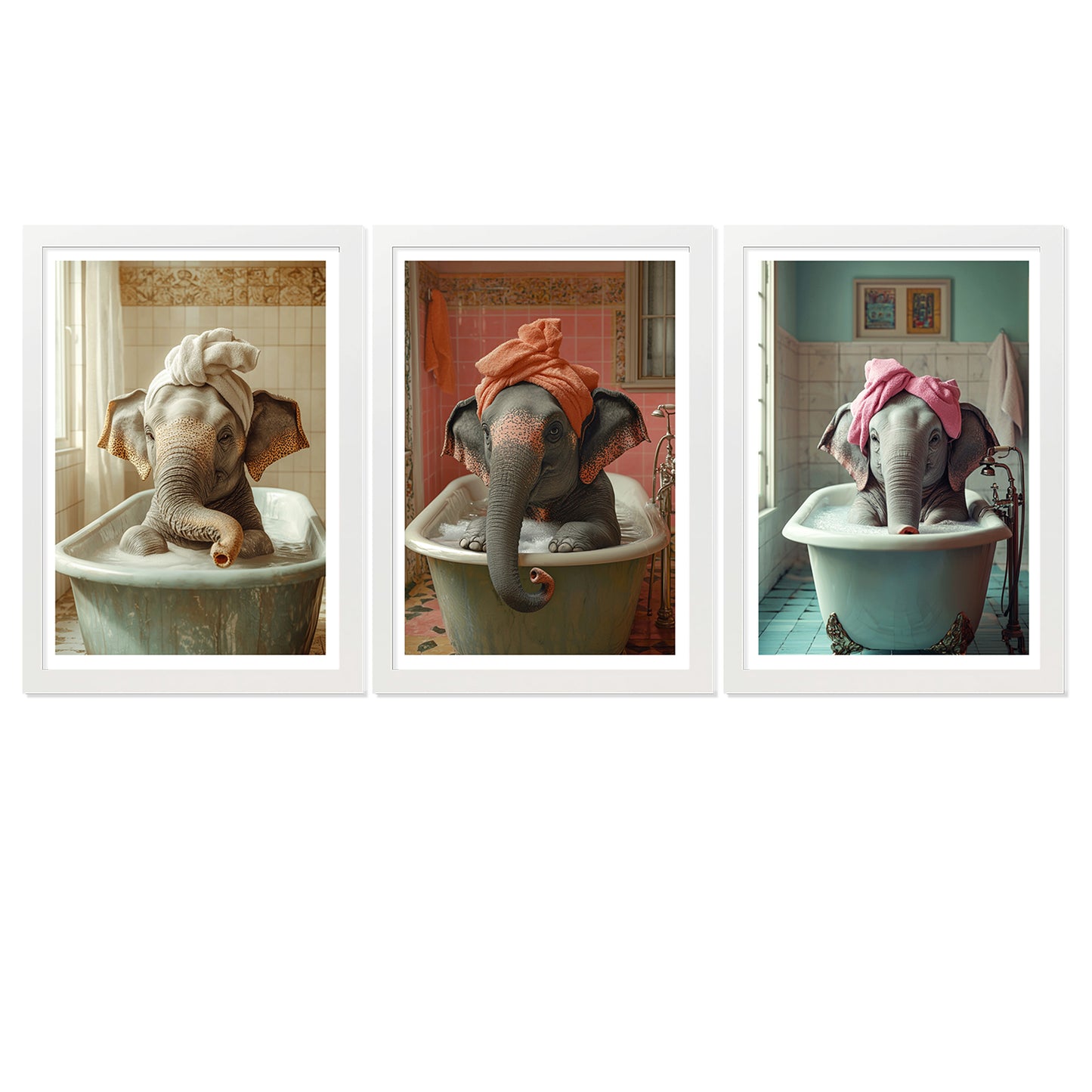 Set de 3 Cuadros de Bebé Elefante Bañandose con Lindos Animales Coloridos, Ilustración para Decorar, Wallart para Inodoro, Ducha, Baño, Aseo, WC