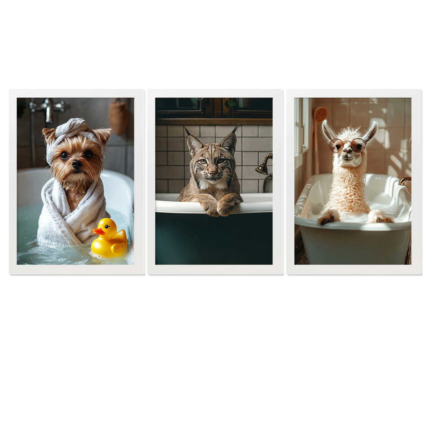 Set de 3 Cuadros de Animales Salvajes en la Bañera, Llama, Perro, Gato Lince Ilustración impresa en estilo fotográfico para decorar las paredes del WC, Ducha, Cuarto de baño, WC