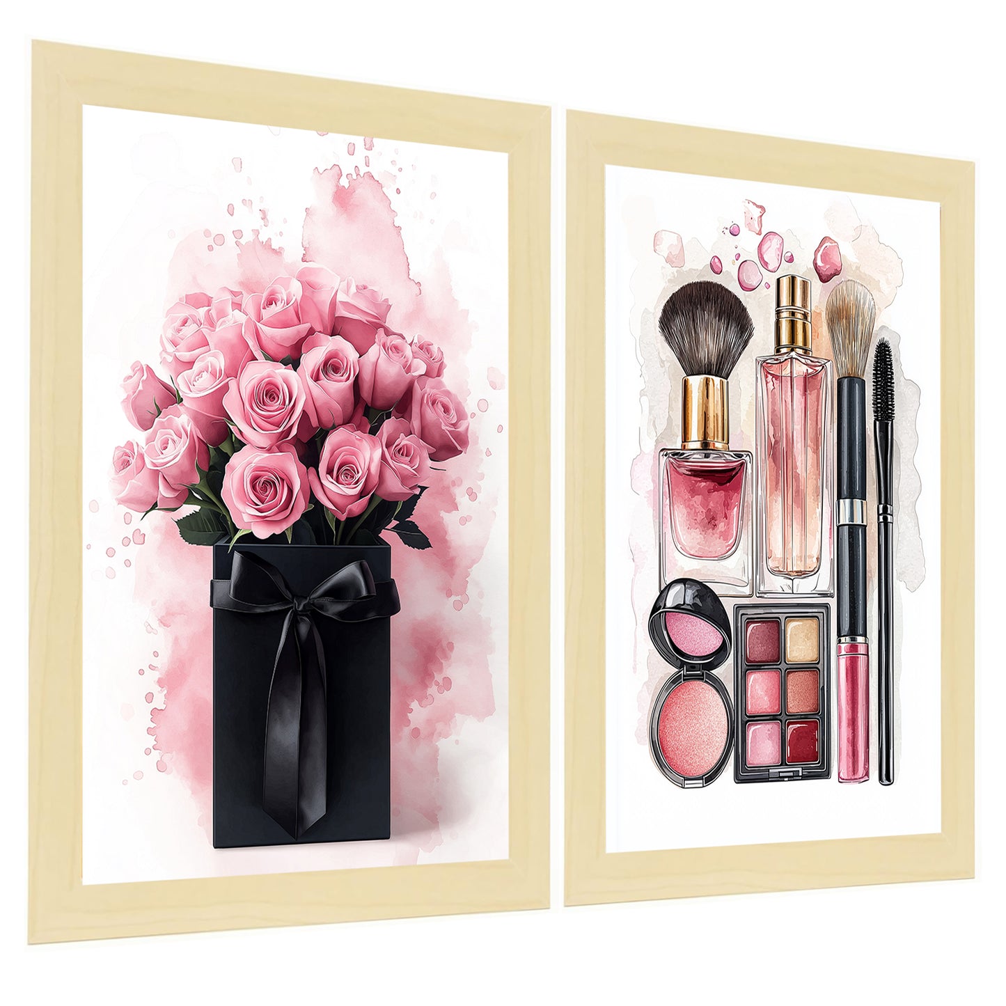 Set de 2 Cuadros de Maquillaje y Cosmética con Flores Rosas, Ilustración impresa para decorar las paredes del WC, Tocador, Baño, Vestidor, Salón