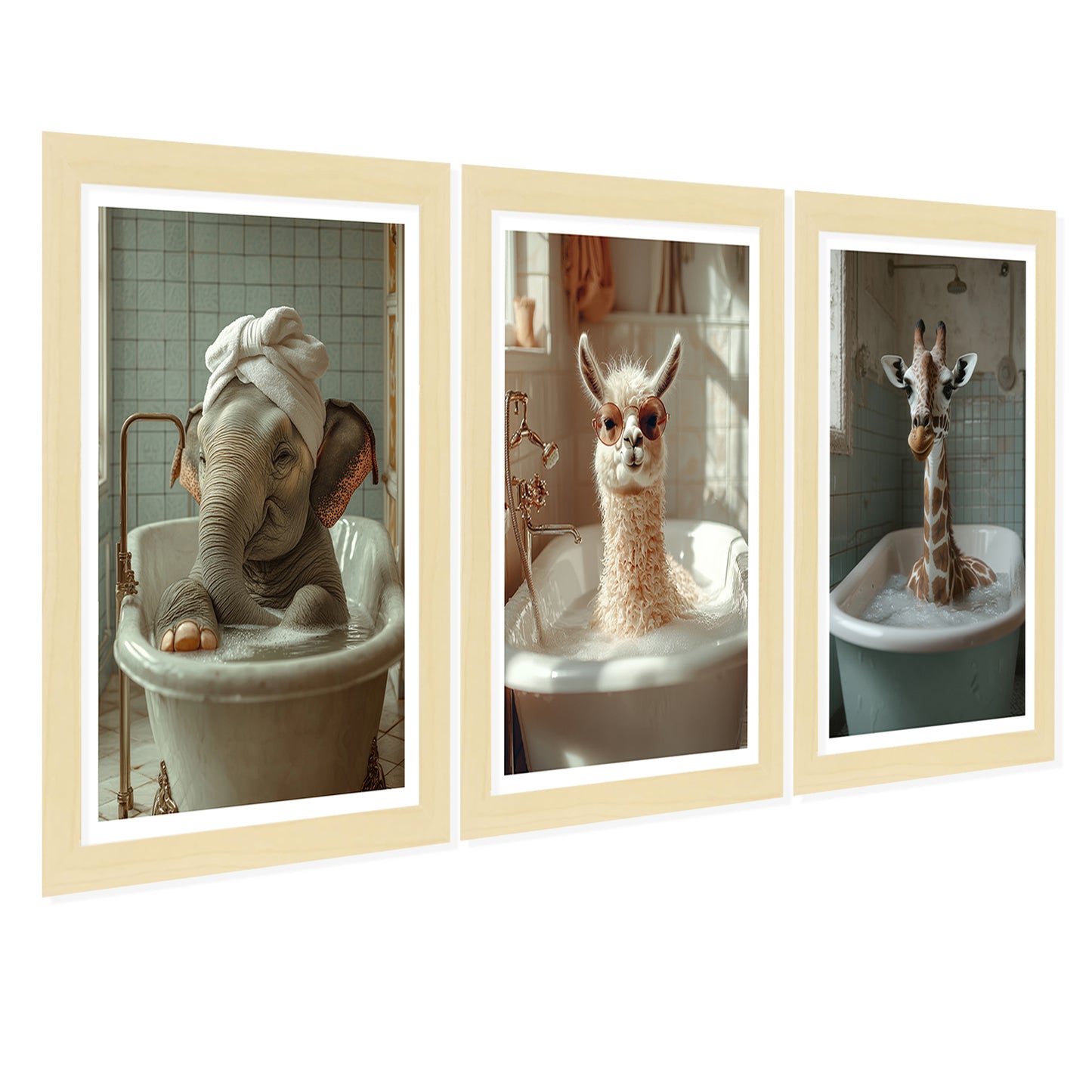 Set de 3 Cuadros Divertidos Animales en la Bañera, Simpático Elefante, Jirafa, Llama Póster con ilustración impresa en estilo fotográfico para decorar las paredes del Inodoro, Ducha, Cuarto de baño, WC