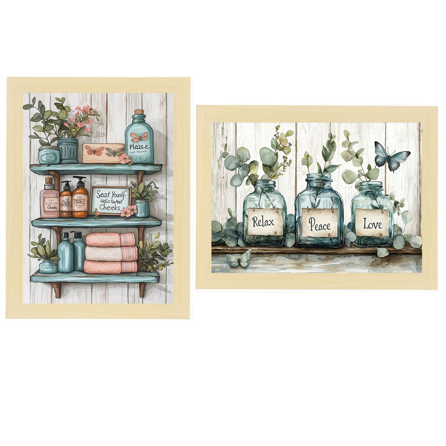 Set de 2 Cuadros de Inodoro con Encanto Impresión Ilustración de Vibraciones Positivas en Estilo Acuarela para Decorar las Paredes del Baño, Ducha, Lavabo, WC