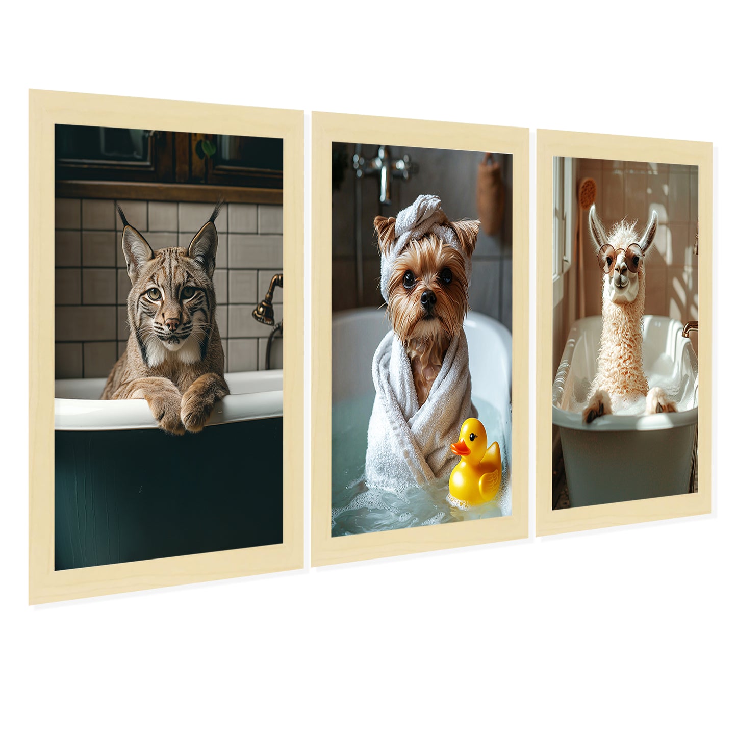 Set de 3 Cuadros de Animales Salvajes en la Bañera, Llama, Perro, Gato Lince Ilustración impresa en estilo fotográfico para decorar las paredes del WC, Ducha, Cuarto de baño, WC
