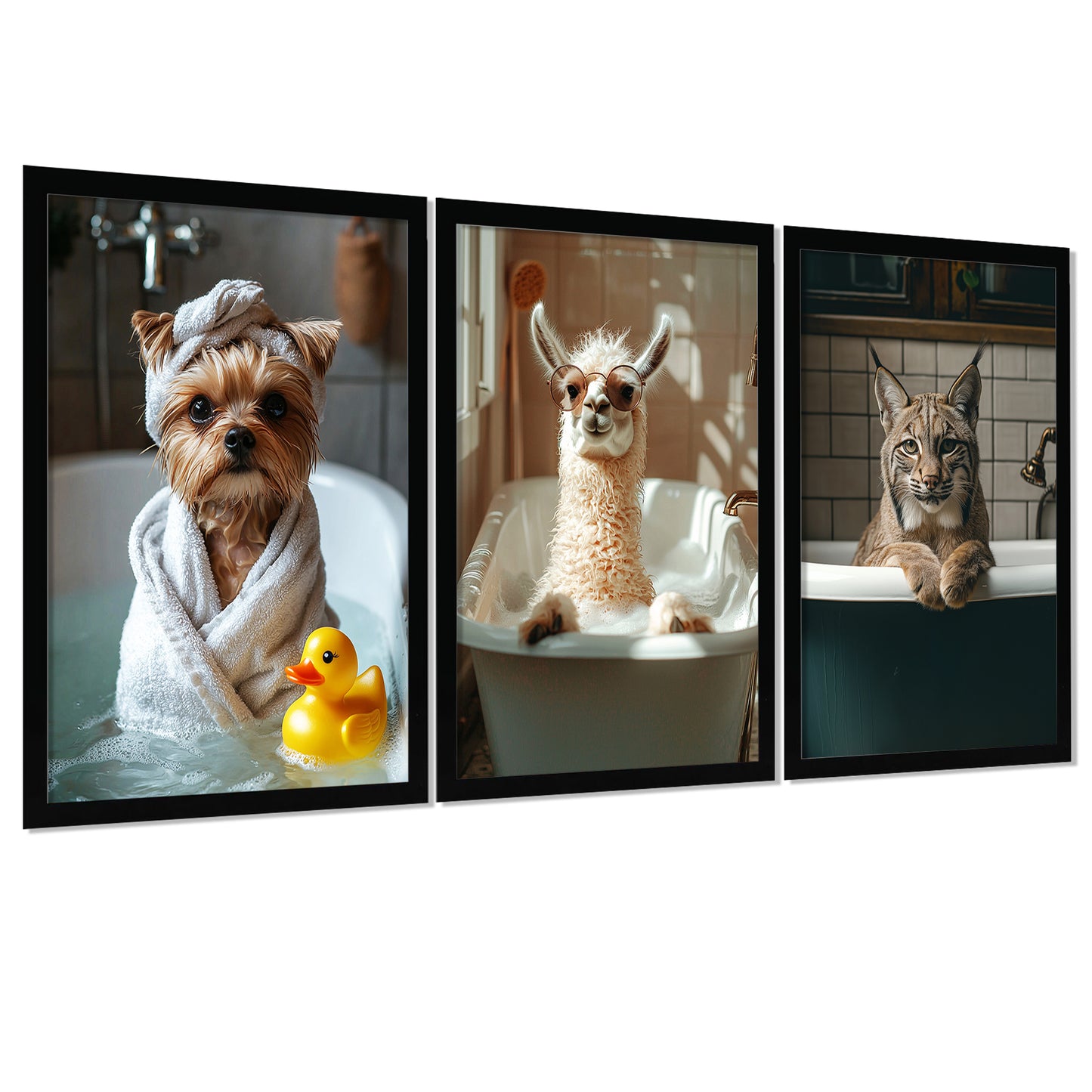 Set de 3 Cuadros de Animales Salvajes en la Bañera, Llama, Perro, Gato Lince Ilustración impresa en estilo fotográfico para decorar las paredes del WC, Ducha, Cuarto de baño, WC