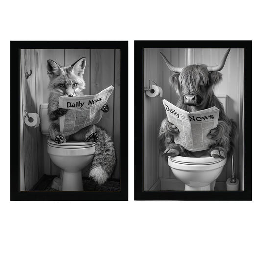 Set de 2 Cuadros de Animales con Periódico En el Inodoro, Toro, Zorro, Blanco y Negro con Ilustración Impresa en Estilo B/N para Decorar las Paredes del Inodoro, Baño, Lavabo, WC