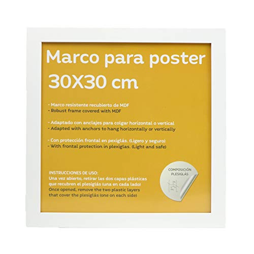 Marco blanco para fotos, posters, láminas, diplomas. Tamaño(30x30 cm).Robusto de MDF y frontal de plexiglas.Marco blanco para colgar de alta calidad.-Nacnic-Nacnic Estudio SL