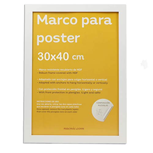 Marco blanco para fotos, posters, láminas, diplomas. Tamaño(30x40 cm).Robusto de MDF y frontal de plexiglas.Marco blanco para colgar de alta calidad.-Nacnic-Nacnic Estudio SL