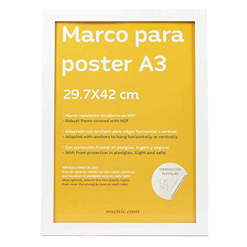 Marco blanco para fotos, posters, láminas, diplomas. Tamaño(A3 - 29.7x42 cm).Robusto de MDF y frontal de plexiglas.Marco blanco para colgar de alta calidad.-Nacnic-Nacnic Estudio SL