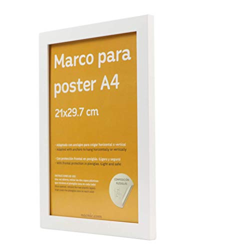 Marco blanco para fotos, posters, láminas, diplomas. Tamaño(A4 - 21x29.7 cm).Robusto de MDF y frontal de plexiglas.Marco blanco para colgar de alta calidad.-Nacnic-Nacnic Estudio SL