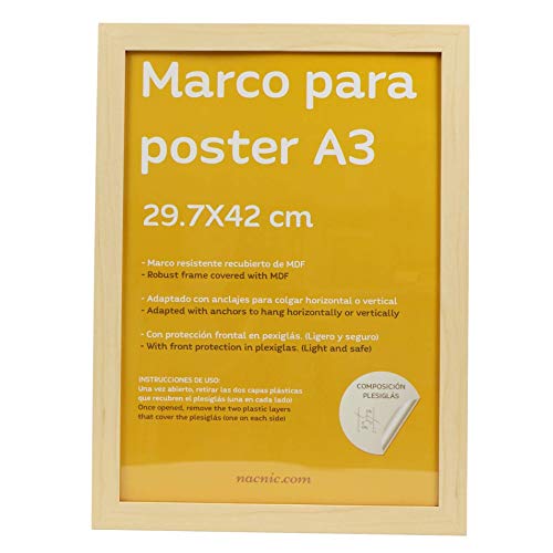 Marco tono madera de nogal para fotos, posters, láminas, diplomas. Tamaño A3 - 29,7x42cm.Robusto de MDF y frontal de plexiglas.Marco madera de nogal para colgar de alta calidad.-Nacnic-Nacnic Estudio SL