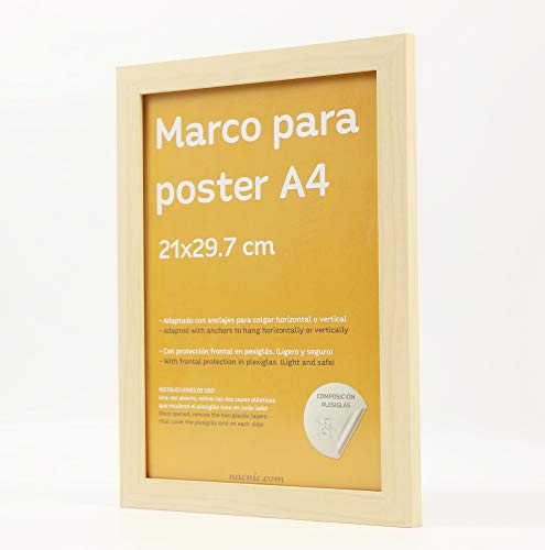 Marco tono madera de nogal para fotos, posters, láminas, diplomas. Tamaño A4 - 21x29,7cm.Robusto de MDF y frontal de plexiglas.Marco madera de nogal para colgar de alta calidad.-Nacnic-Nacnic Estudio SL