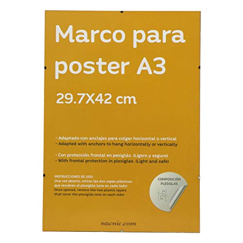 Marco Transparente de Clip Soporte Transparente para Fotos, Posters, Diplomas, Dibujos o láminas. Tamaño A3 (29.7x42 cm). Marco Clip Transparente con plexiglas y Anclajes para Colgar.-Nacnic-Nacnic Estudio SL