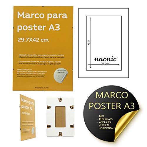 Marco Transparente de Clip Soporte Transparente para Fotos, Posters, Diplomas, Dibujos o láminas. Tamaño A3 (29.7x42 cm). Marco Clip Transparente con plexiglas y Anclajes para Colgar.-Nacnic-Nacnic Estudio SL