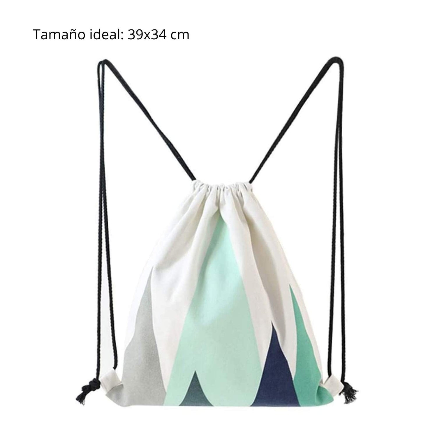 Mochila de asas con diseño (ambos lados). Hecha con tejido resistente de algodón. Bandolera con cuerdas. Modelo geometrico azul turquesa para gimnasio, libros, guarderia, viajes.-Nacnic-Nacnic Estudio SL-para cada dia