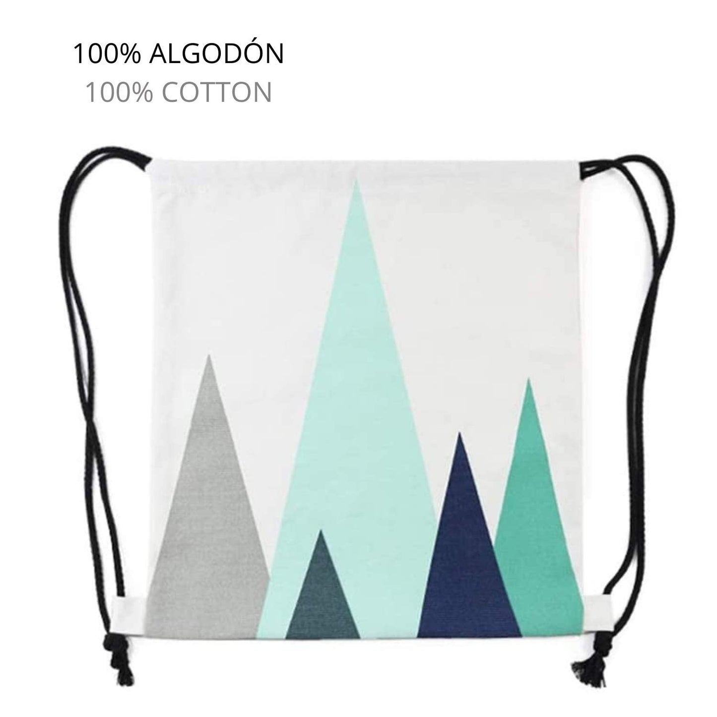 Mochila de asas con diseño (ambos lados). Hecha con tejido resistente de algodón. Bandolera con cuerdas. Modelo geometrico azul turquesa para gimnasio, libros, guarderia, viajes.-Nacnic-Nacnic Estudio SL-para cada dia