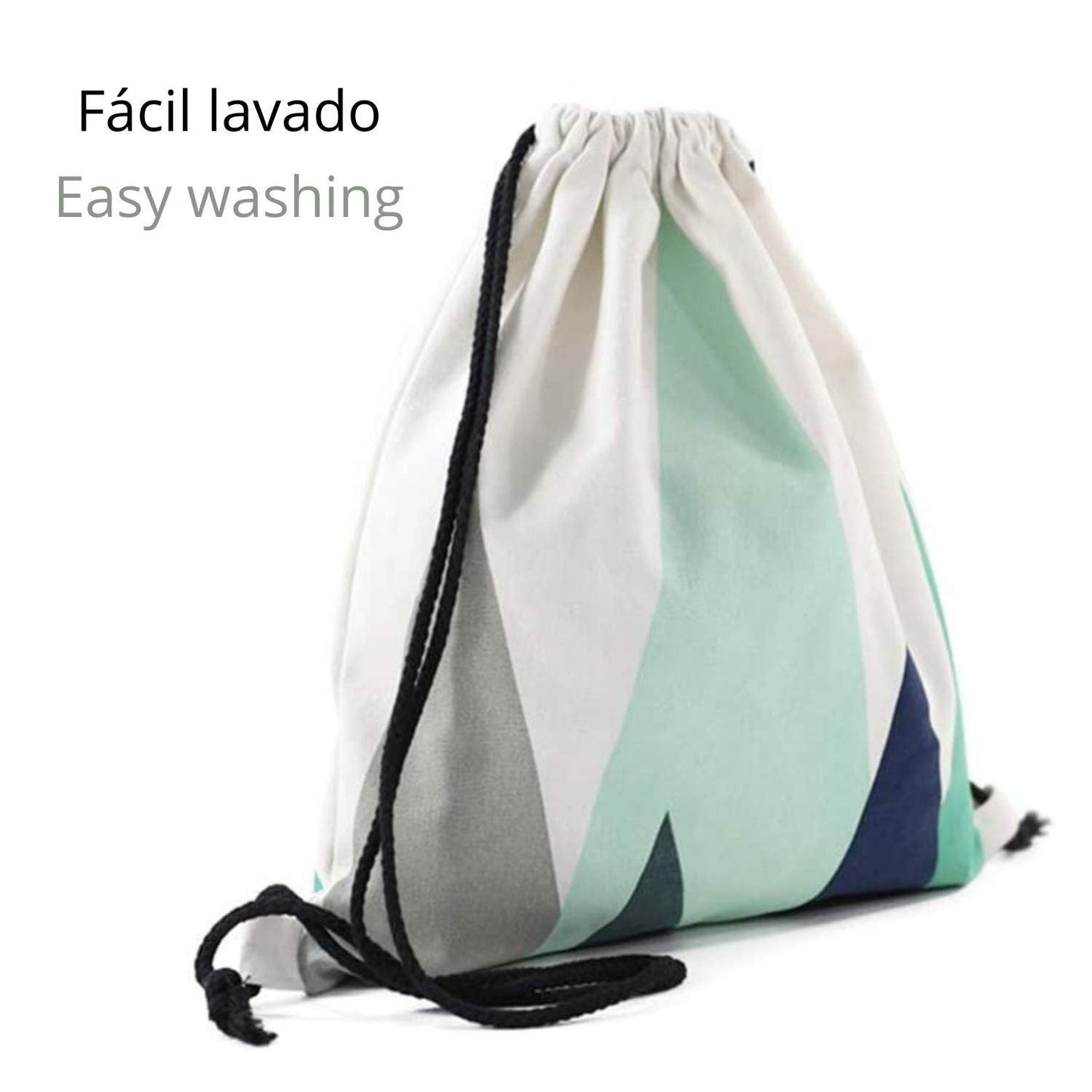 Mochila de asas con diseño (ambos lados). Hecha con tejido resistente de algodón. Bandolera con cuerdas. Modelo geometrico azul turquesa para gimnasio, libros, guarderia, viajes.-Nacnic-Nacnic Estudio SL-para cada dia