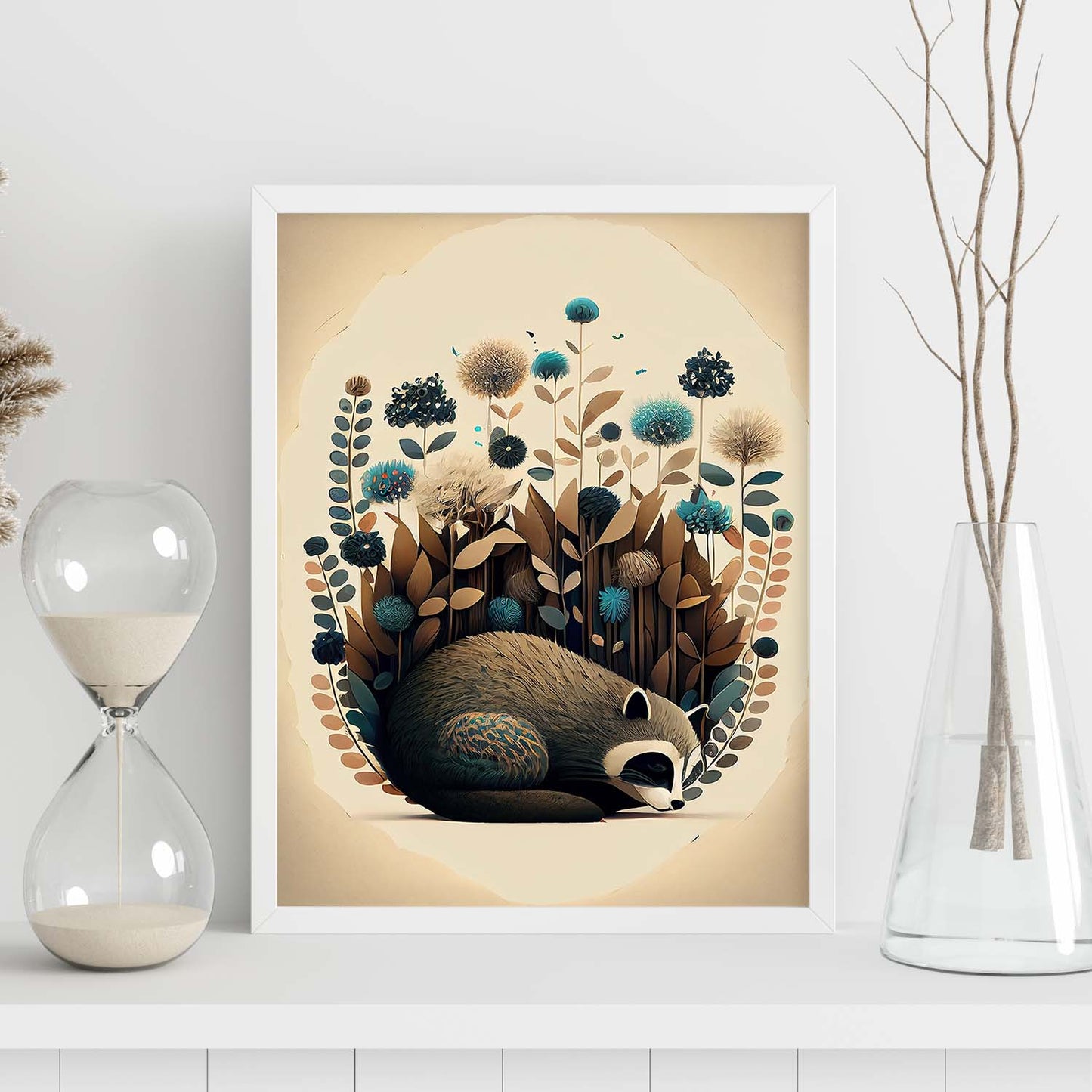 Nacnic Abstract Sleeping Fluffy Raccoon Precisionism Style. Estampados de arte de pared estético para el diseño de dormitorio o sala de estar.-Artwork-Nacnic-Nacnic Estudio SL
