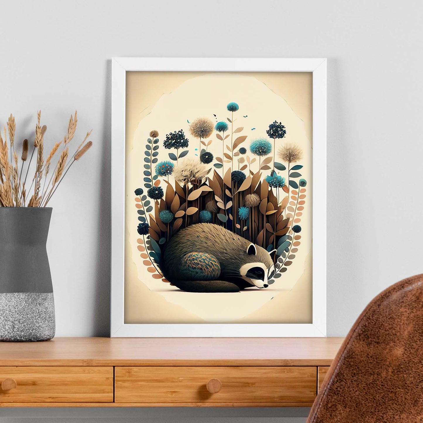 Nacnic Abstract Sleeping Fluffy Raccoon Precisionism Style. Estampados de arte de pared estético para el diseño de dormitorio o sala de estar.-Artwork-Nacnic-Nacnic Estudio SL